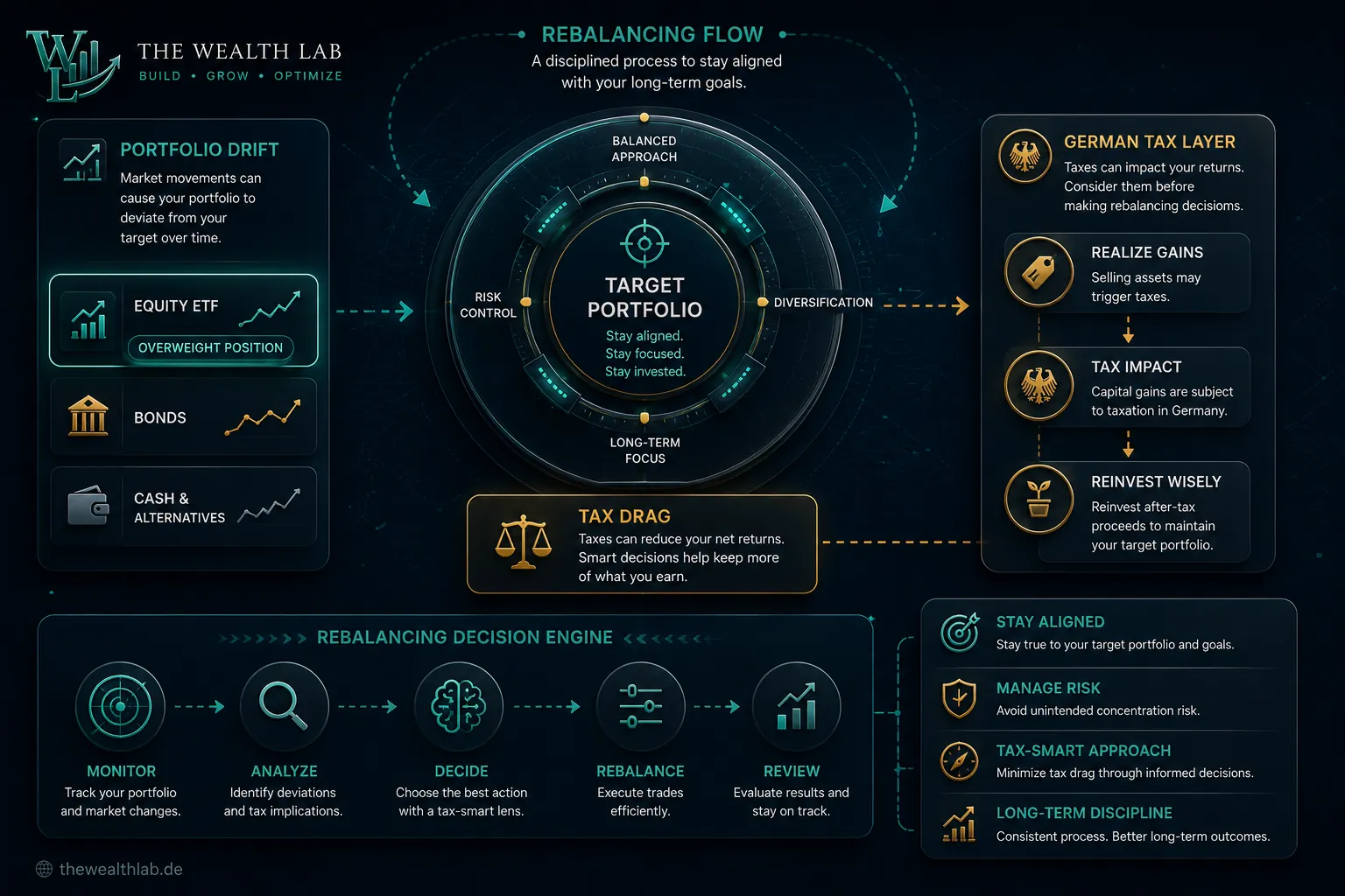 Portfolio rebalancing Germany infographic showing tax-smart investment strategy and portfolio management