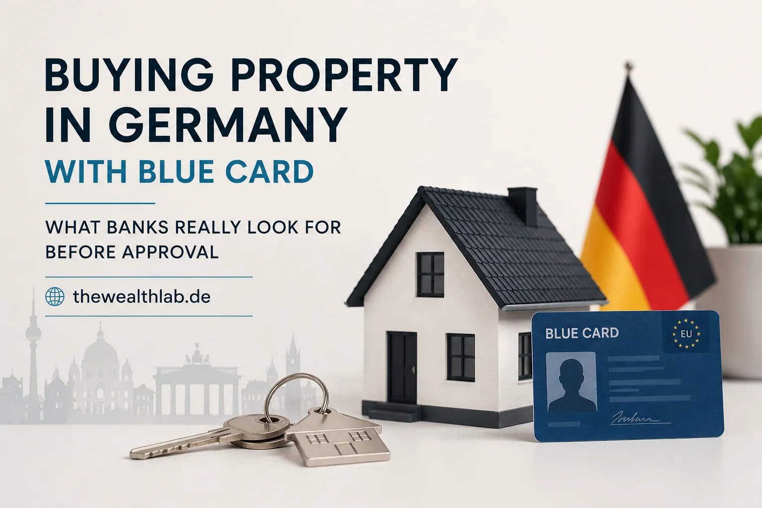 Buying property in Germany with Blue Card status, house model, mortgage approval concept and German residence permit for expats