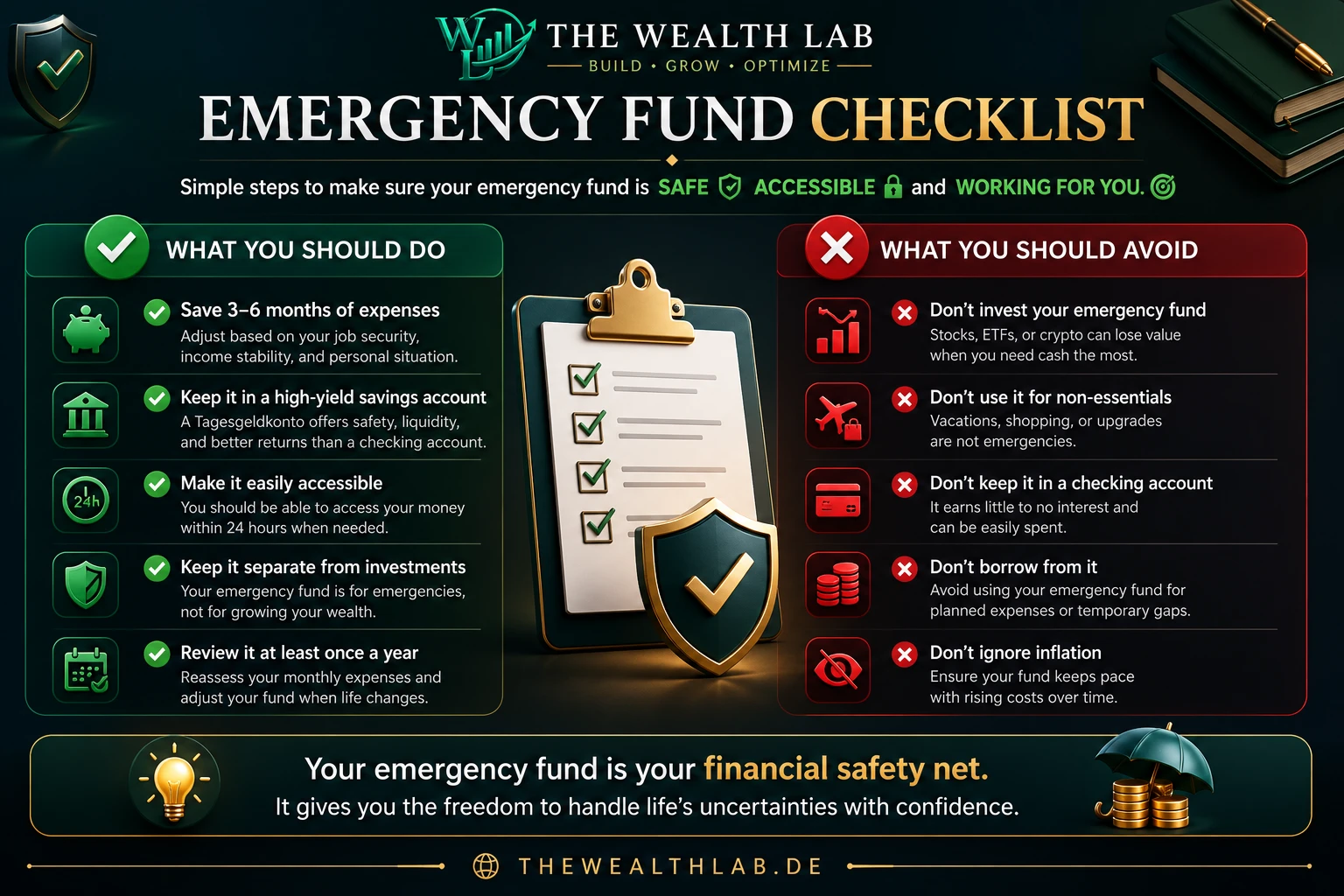 Emergency Fund Germany checklist infographic showing emergency fund best practices, including saving 3–6 months of expenses, using a Tagesgeldkonto, maintaining liquidity, avoiding stocks and ETFs for emergency savings, and reviewing the fund annually.