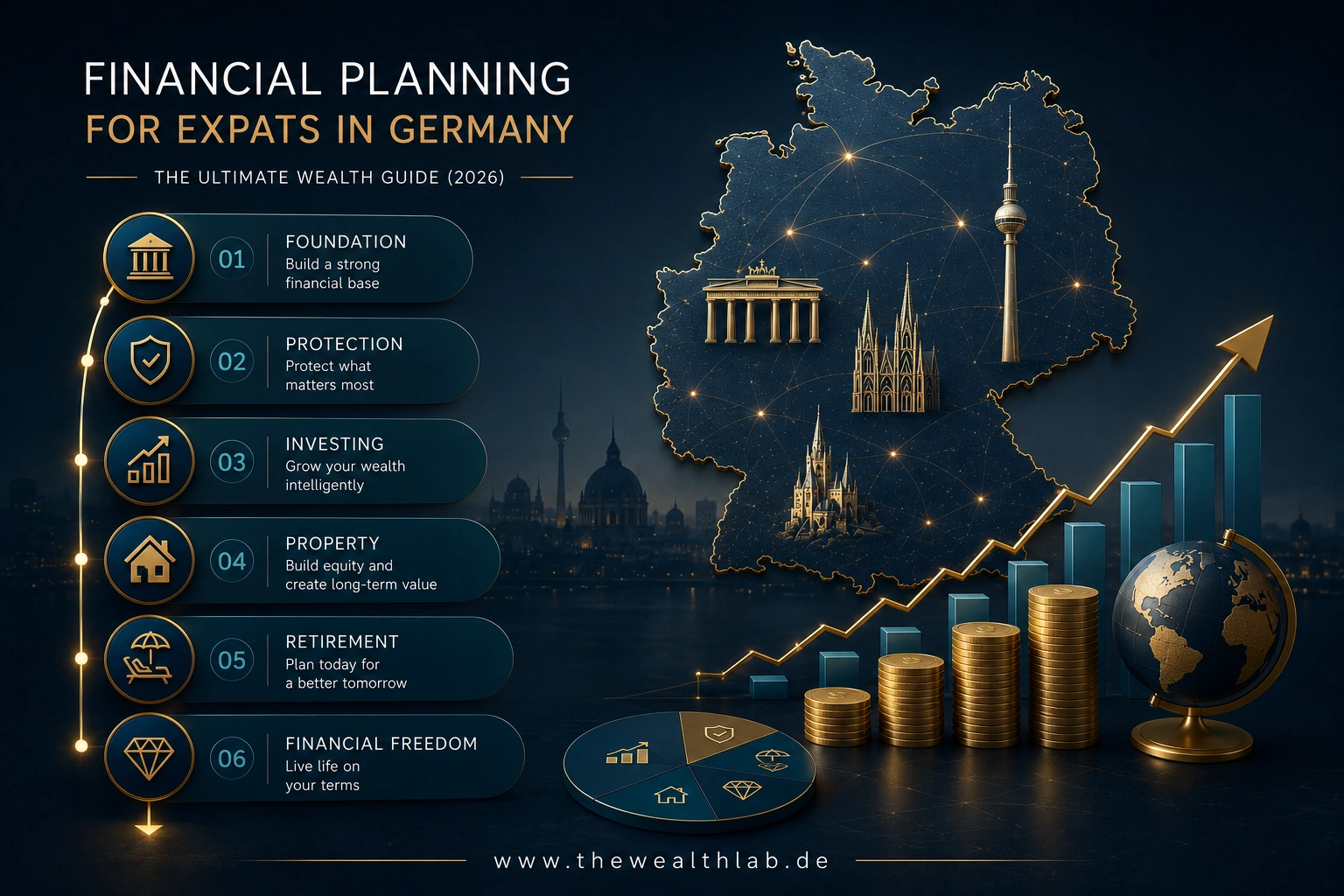 Financial Planning for Expats in Germany infographic showing wealth building, investing, retirement planning, property ownership, and financial freedom
