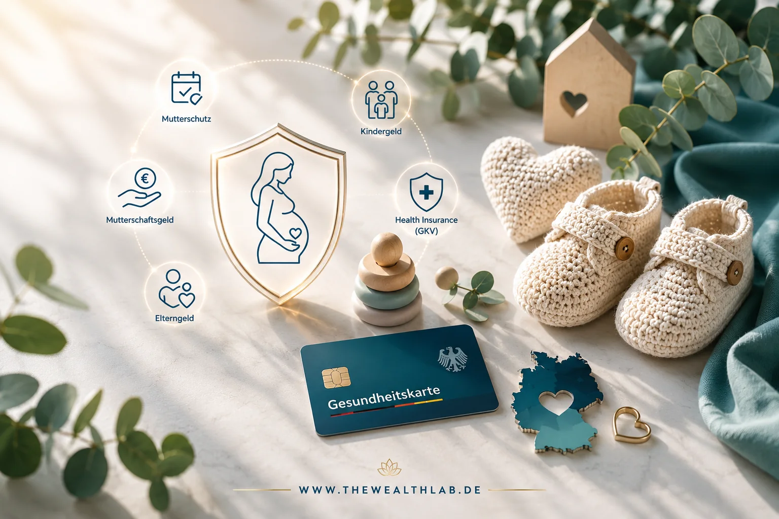 Maternity leave Germany expats illustration showing Mutterschutz, Mutterschaftsgeld, Elterngeld, Kindergeld and pregnancy health insurance benefits in Germany