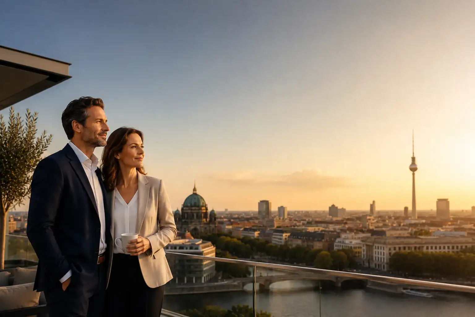 Pension Planning for Couples in Germany – professional couple overlooking Cologne skyline at sunset, representing long-term retirement planning, pension gap awareness, and financial security for couples in Germany.