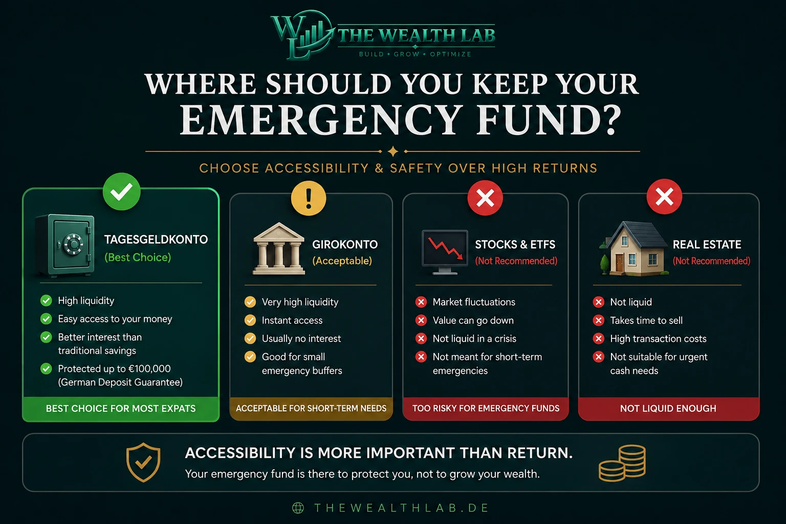 Emergency Fund Germany infographic showing the best places to keep emergency savings, comparing Tagesgeldkonto, Girokonto, stocks and ETFs, and real estate for liquidity, safety, and accessibility.