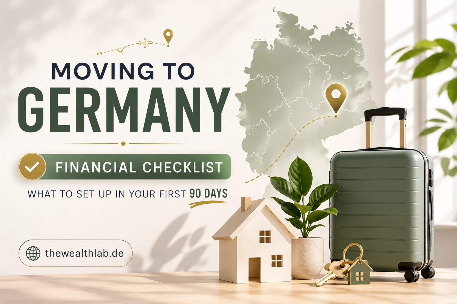 Moving to Germany financial checklist featuring Germany map, house, keys, suitcase, and financial planning guide for expats