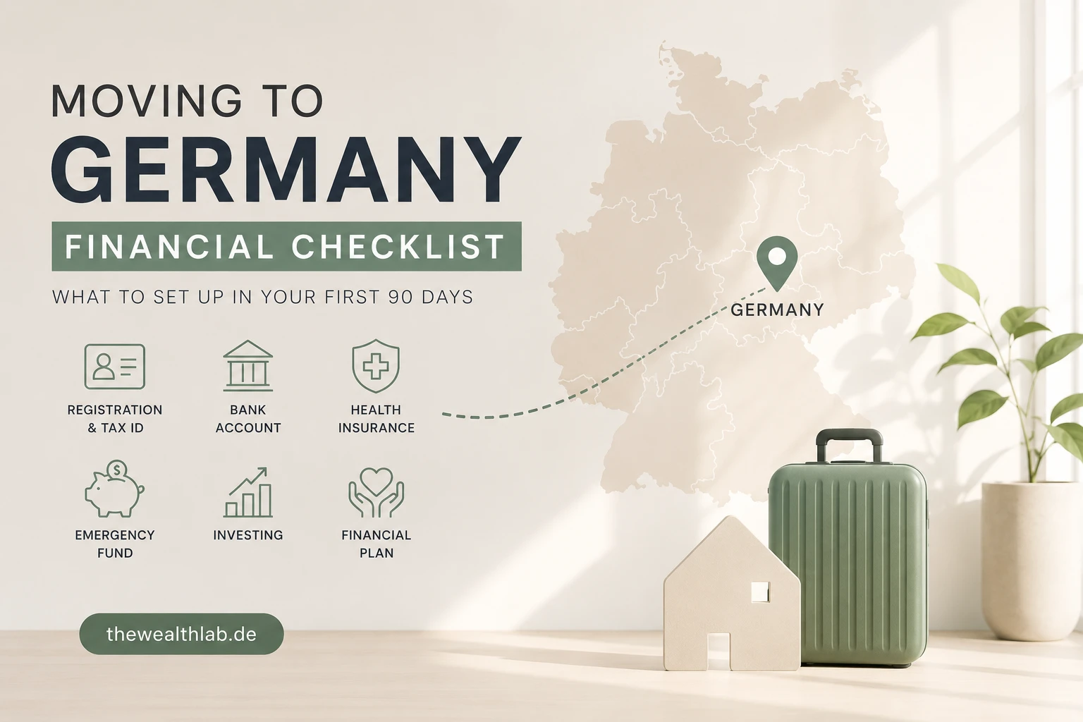 Moving to Germany financial checklist with Germany map, relocation icons, emergency fund, health insurance, investing, and financial planning guide for expats