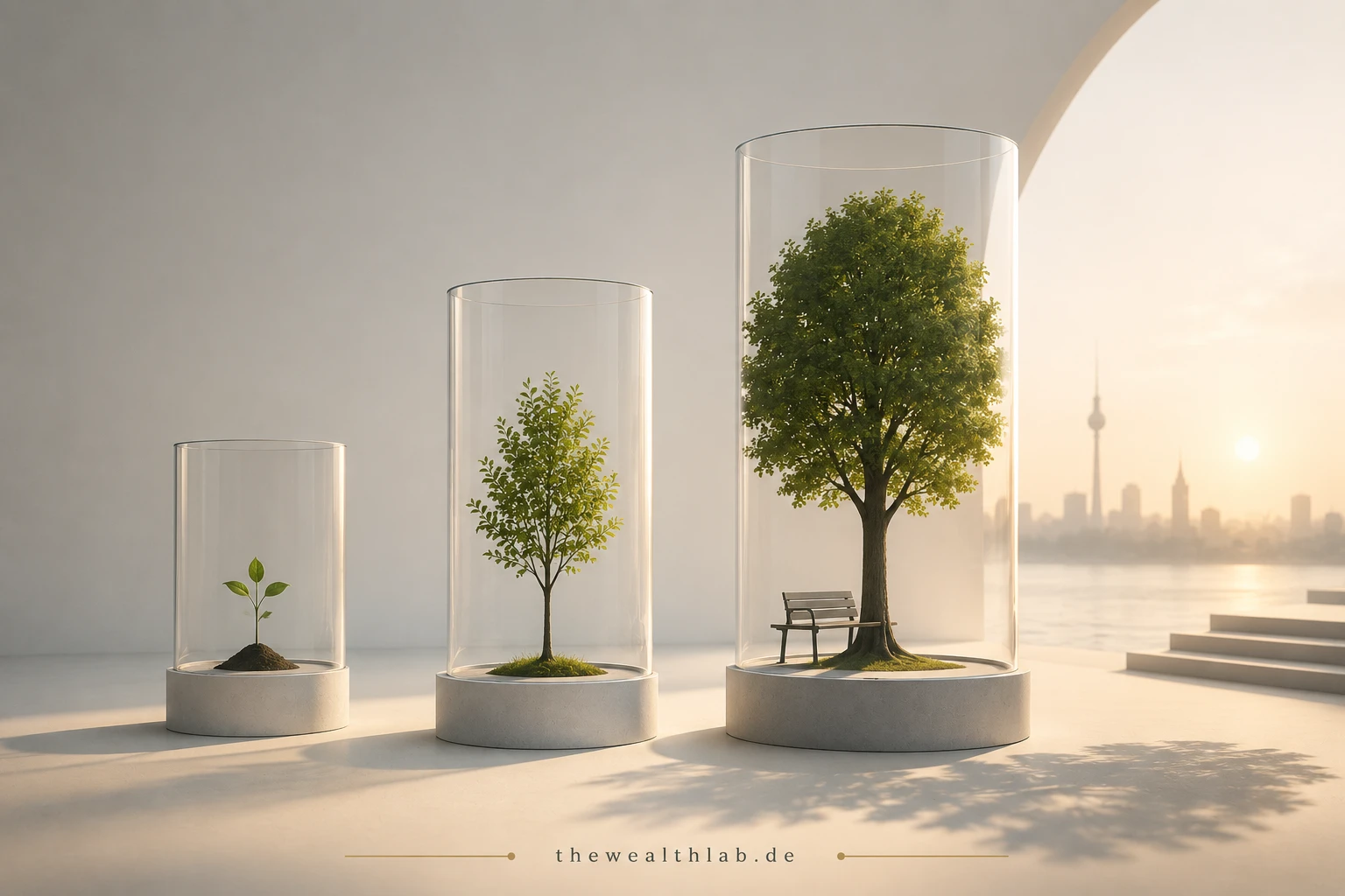 private pension Germany، Expat retirement planning in Germany illustrated through three stages of growth from a seedling to a mature tree representing long-term wealth building