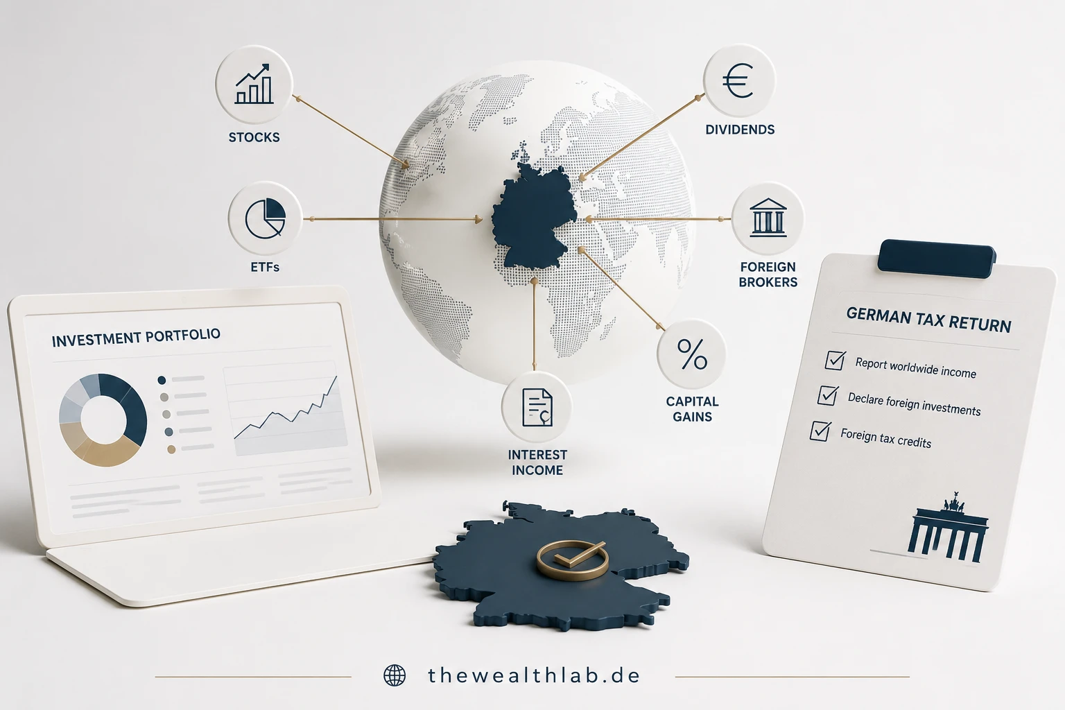 Foreign Investment Tax in Germany infographic illustrating foreign brokers, foreign ETFs, dividends, capital gains, worldwide investments, and German tax return reporting for expats living in Germany.